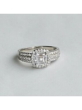 Sterling Silver Emerald cut CZ Ring with Halo size 9
